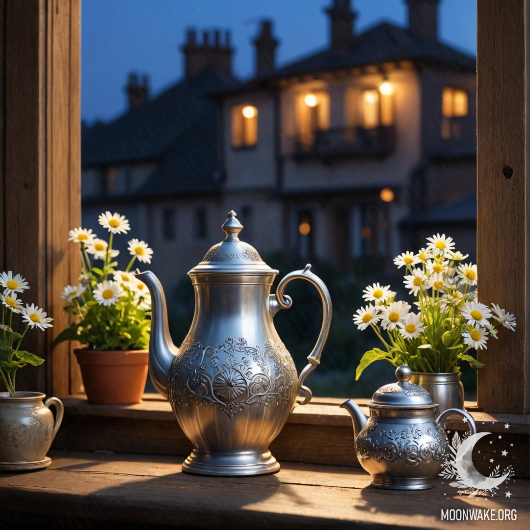Металлический чайник с узорами стоит на потертой деревянной подоконнике с ромашками ночью.