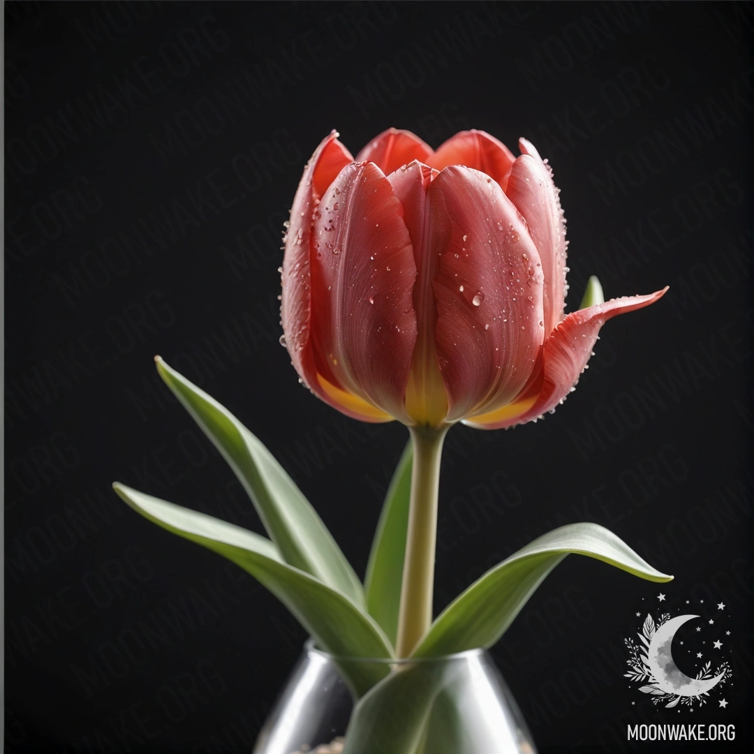 Романтический тюльпан с нежной паутиной в вазе цвета шалфея ночью.