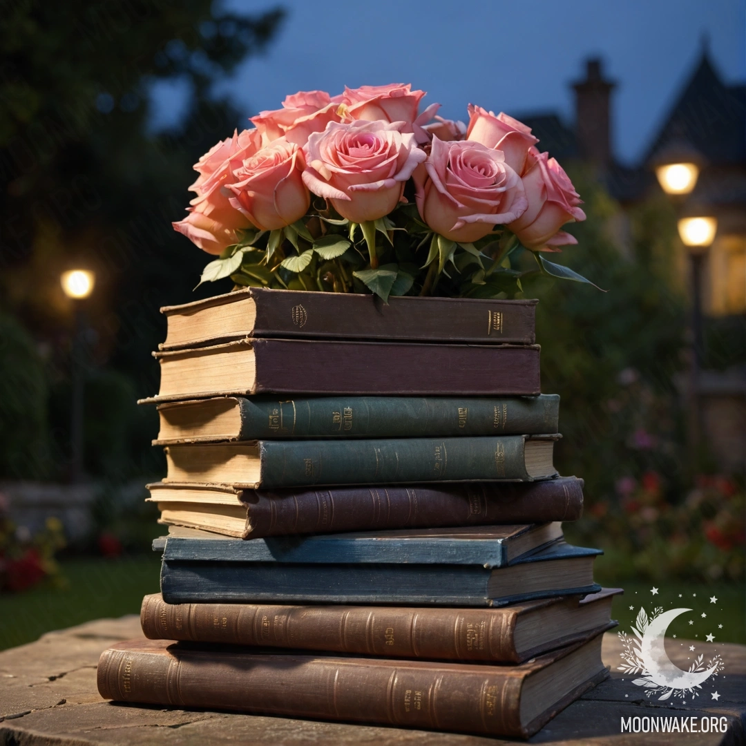 Стопка винтажных книг, украшенная букетом роз в саду ночью.