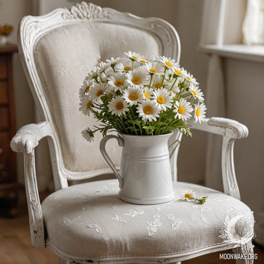 Крупный план винтажного shabby стула, накрытого полупрозрачной тканью, с чашкой кофе и ведром молока, полным ромашек.