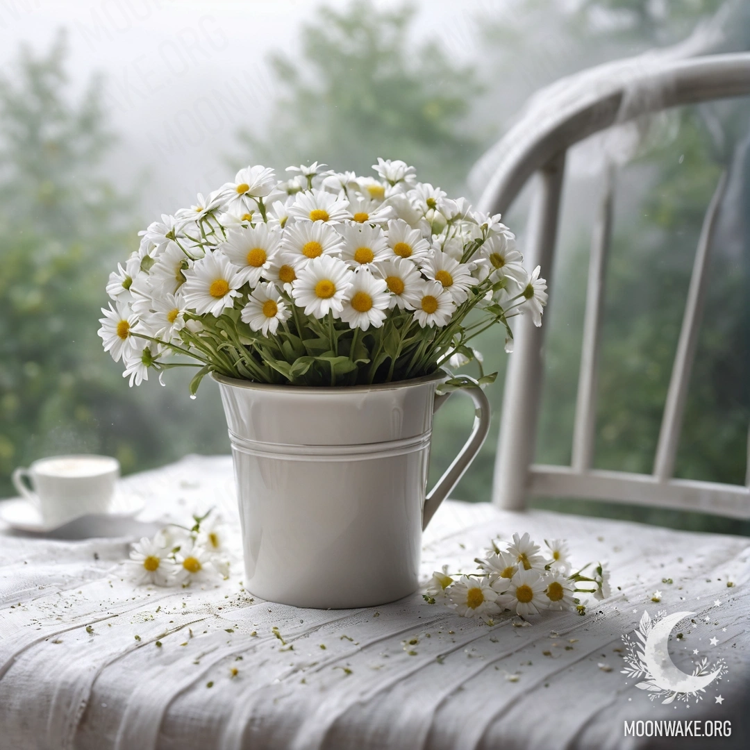 Крупный план shabby винтажного стула с полупрозрачной тканью, чашкой кофе и белым молочным ведром с ромашками, окруженный густым туманом.