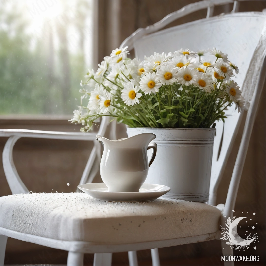 Крупный план винтажного кресла с полупрозрачной тканью, чашкой кофе и ведром молока с маргаритками под дождем.