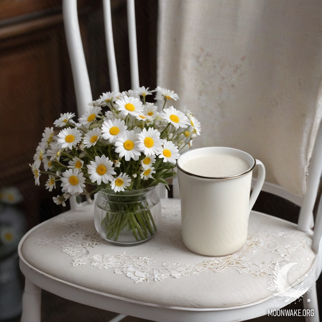 Крупный план винтажного стула с белой тканью, чашкой кофе и ведром с ромашками, на фоне ночной атмосферы.