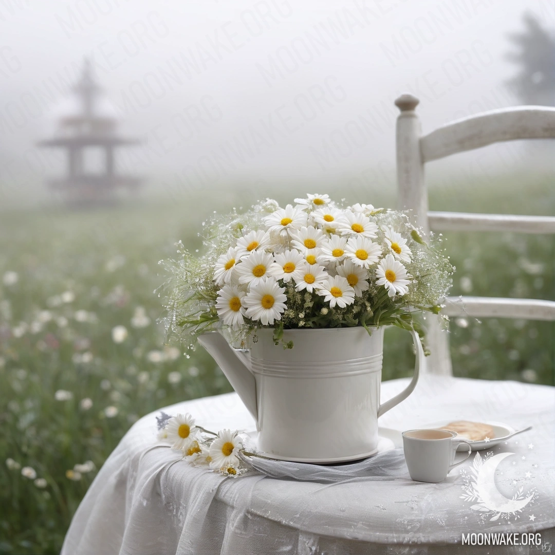 Крупный план винтажного стула, украшенного белой тканью, чашкой кофе и ведром с ромашками в туманной обстановке.