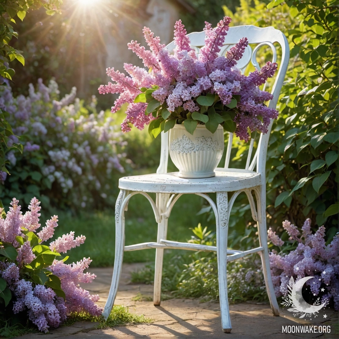 Винтажный shabby-стул в саду, на котором стоит ваза с сиренью, освещенная солнечными лучами.