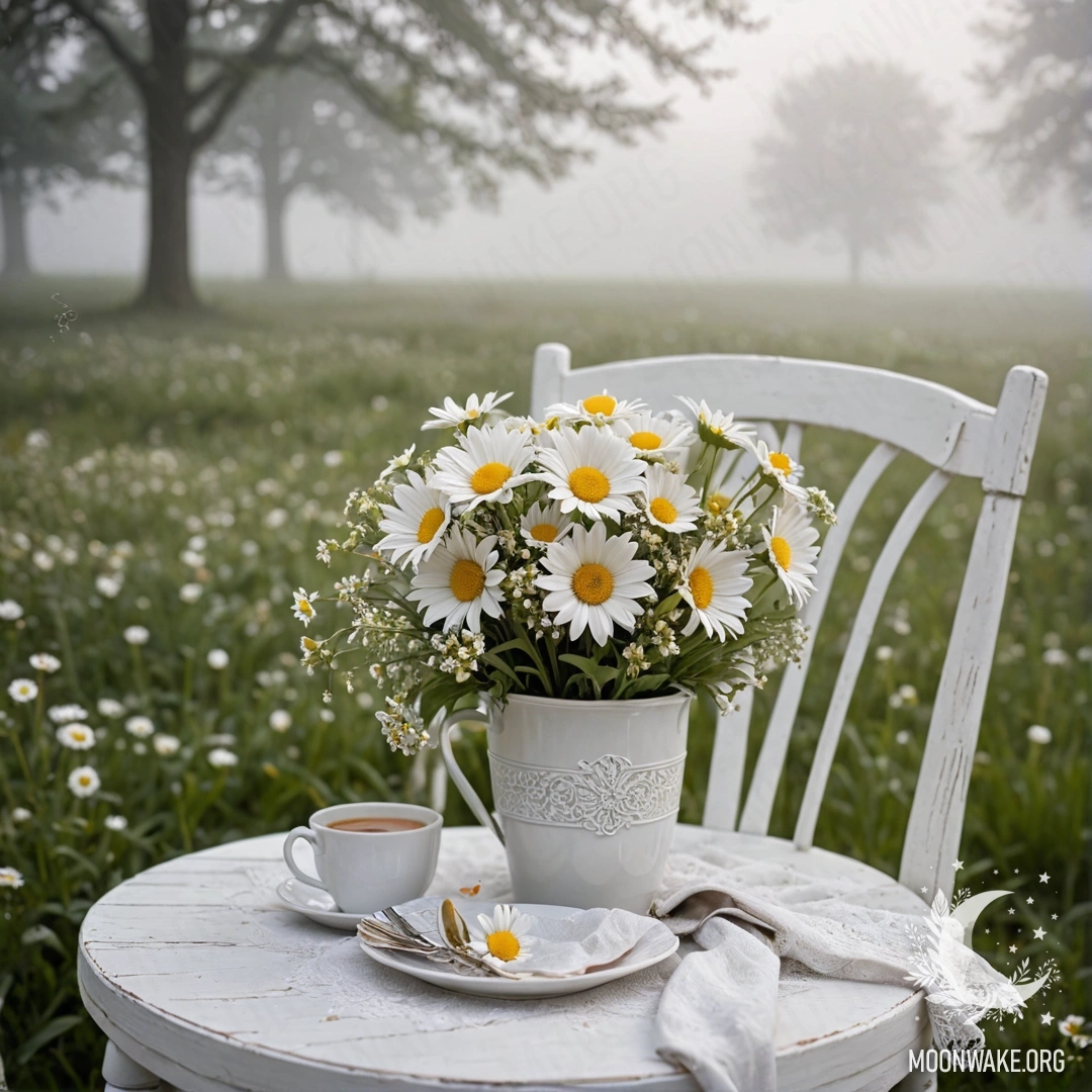 Крупный план винтажного кресла с белой тканью, чашкой кофе и букетом ромашек в белом ведре, окруженных плотным туманом.