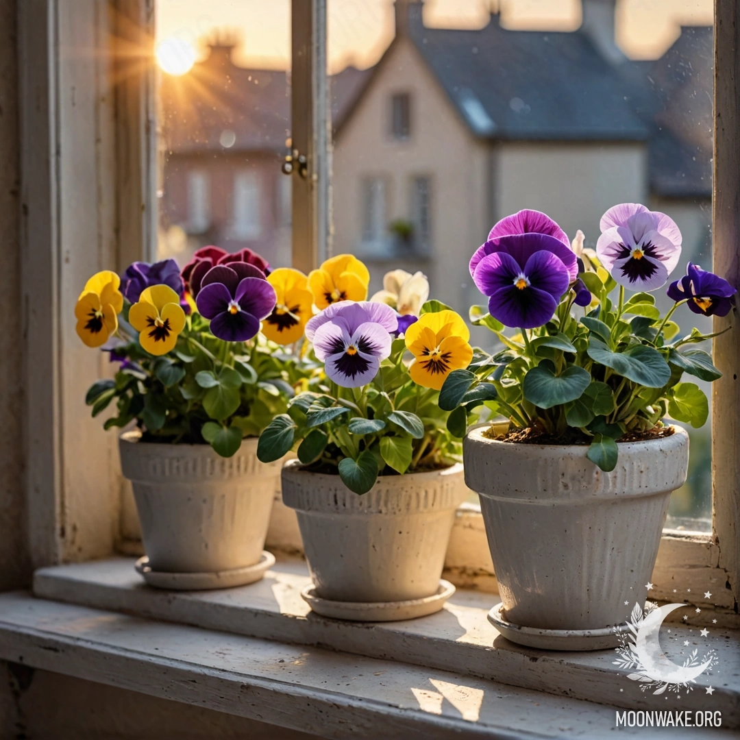 Фотореалистичное изображение винтажных цветочных горшков с витиеватым цветками на старинном подоконнике на закате.