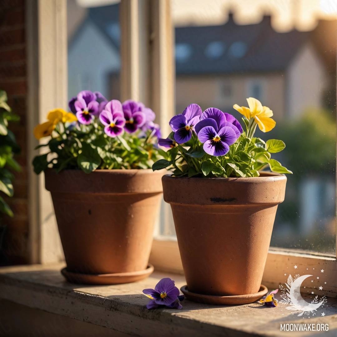 Винтажные цветочные горшки с анютиными глазками на потрепаном подоконнике на закате.