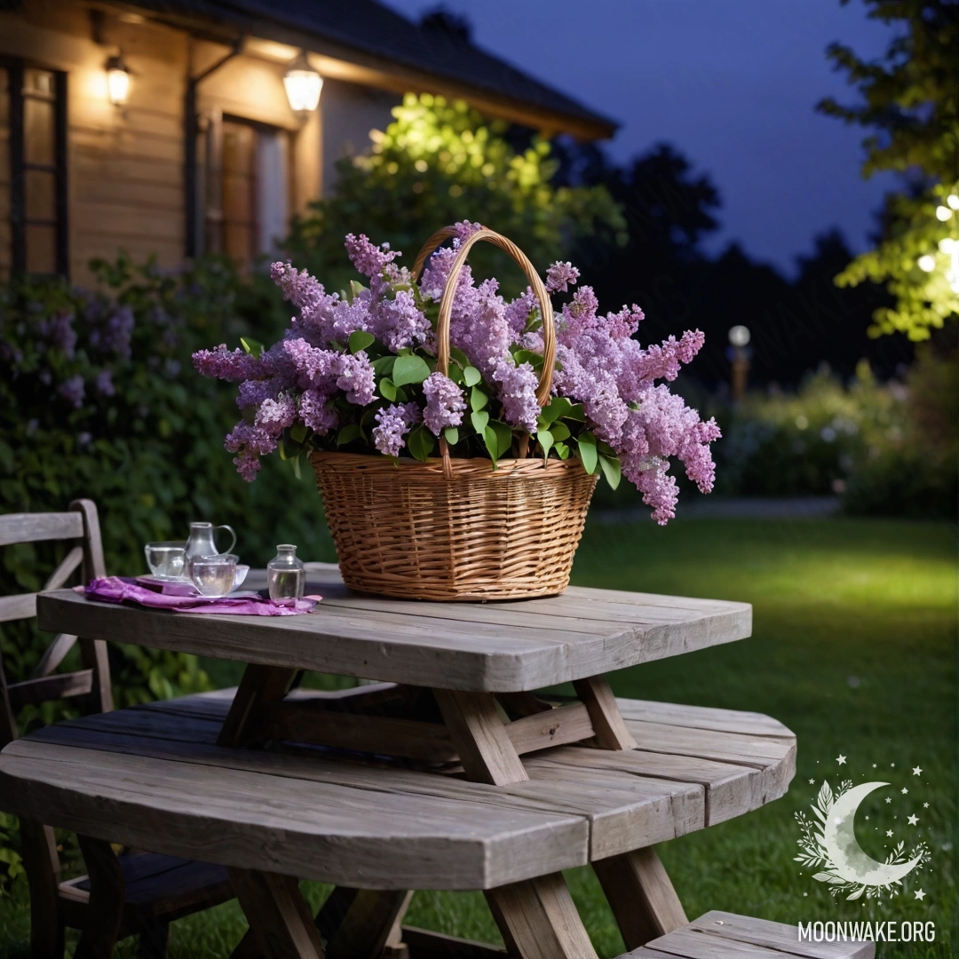 Винтажный деревянный столик с корзиной сирени в саду ночью.