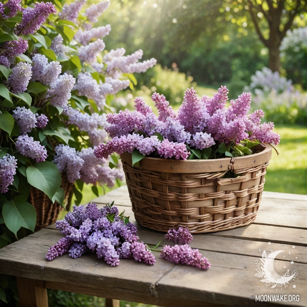 Винтажный деревянный стол, окруженный садом с корзиной, наполненной сиренью.