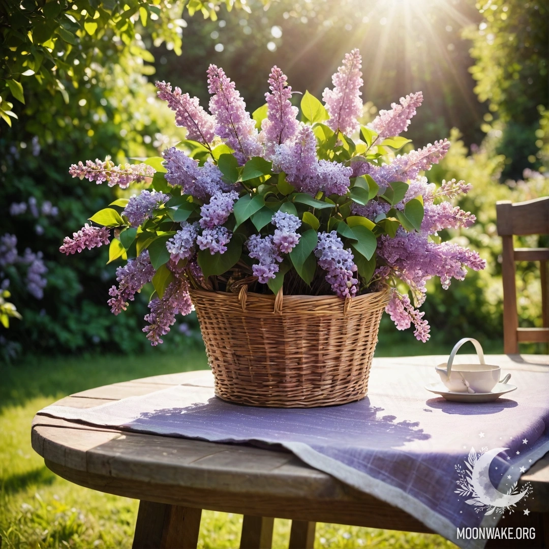 Винтажный деревянный стол в саду с корзиной сирени и солнечными лучами.
