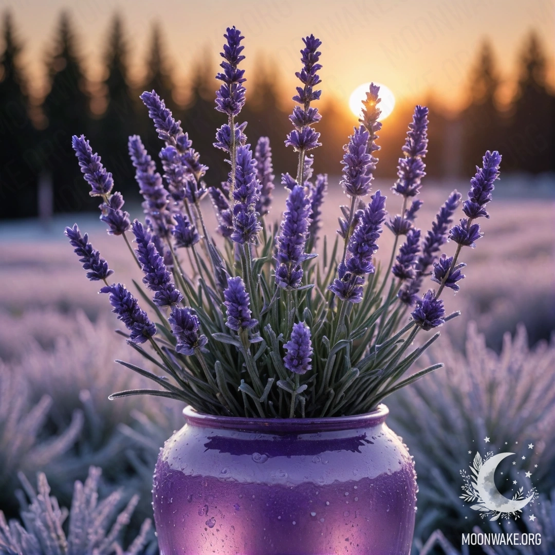 Ваза с цветами лавандового цвета на фоне заката, окруженная инеем.