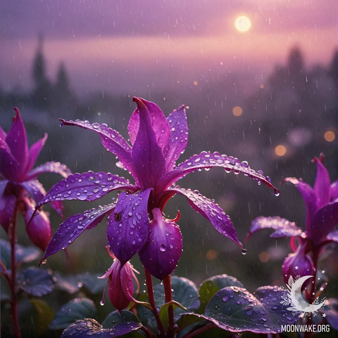 Романтическая сцена с фиолетовыми оттенками в тумане под дождем на закате, с мерцающими фуксиевыми пайетками.