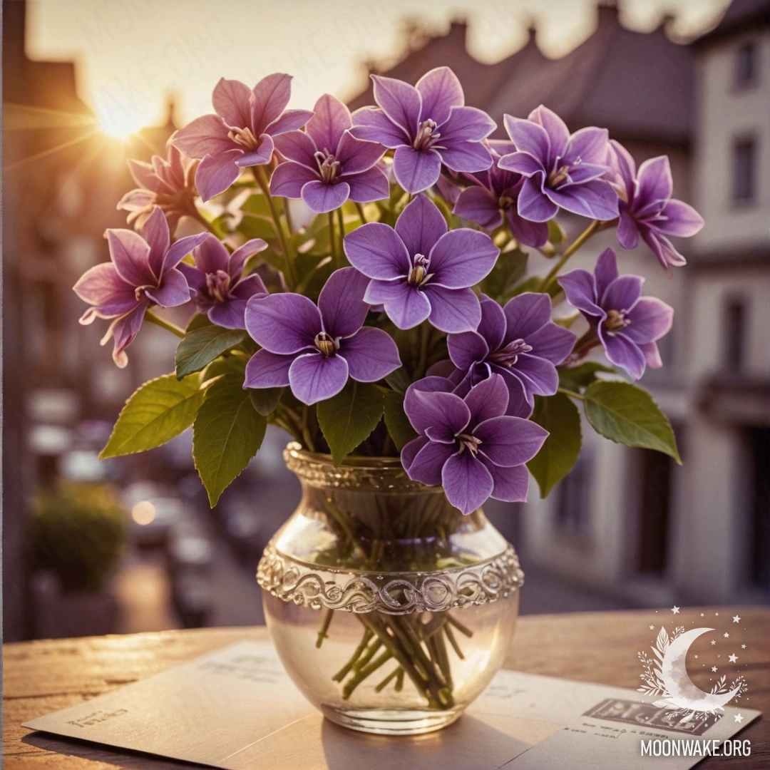 Лаймового цвета ваза с романтическими фиолетовыми цветами на закате.