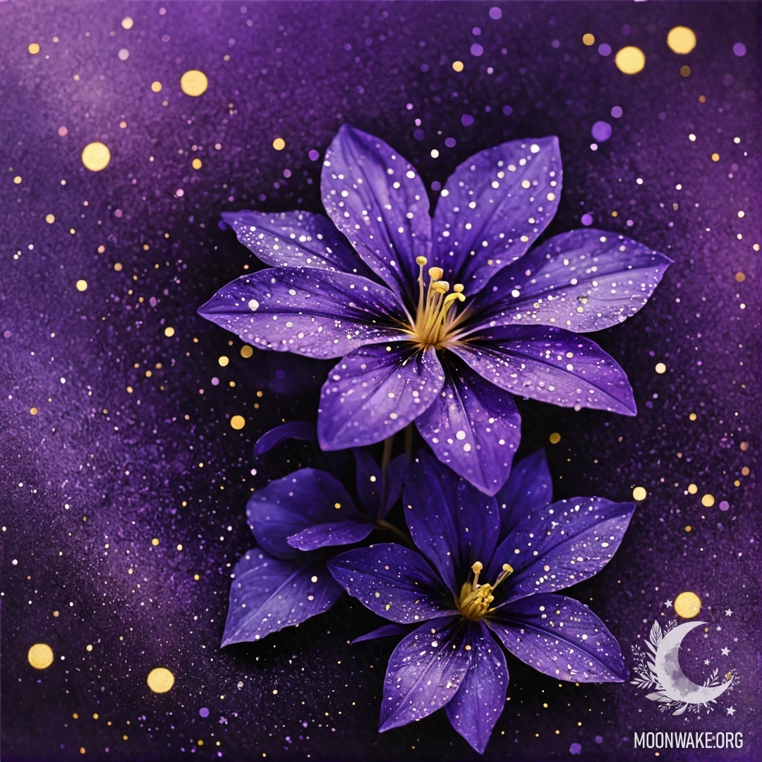 Красивый ночной пейзаж с глубоким фиолетовым небом и золотыми блестящими акцентами.