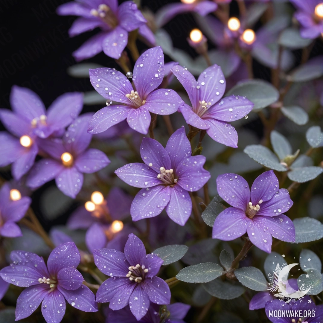 Мечтательная ночная сцена с фиолетовыми оттенками, украшенная стразами, передающая шалфейную атмосферу в японском стиле.