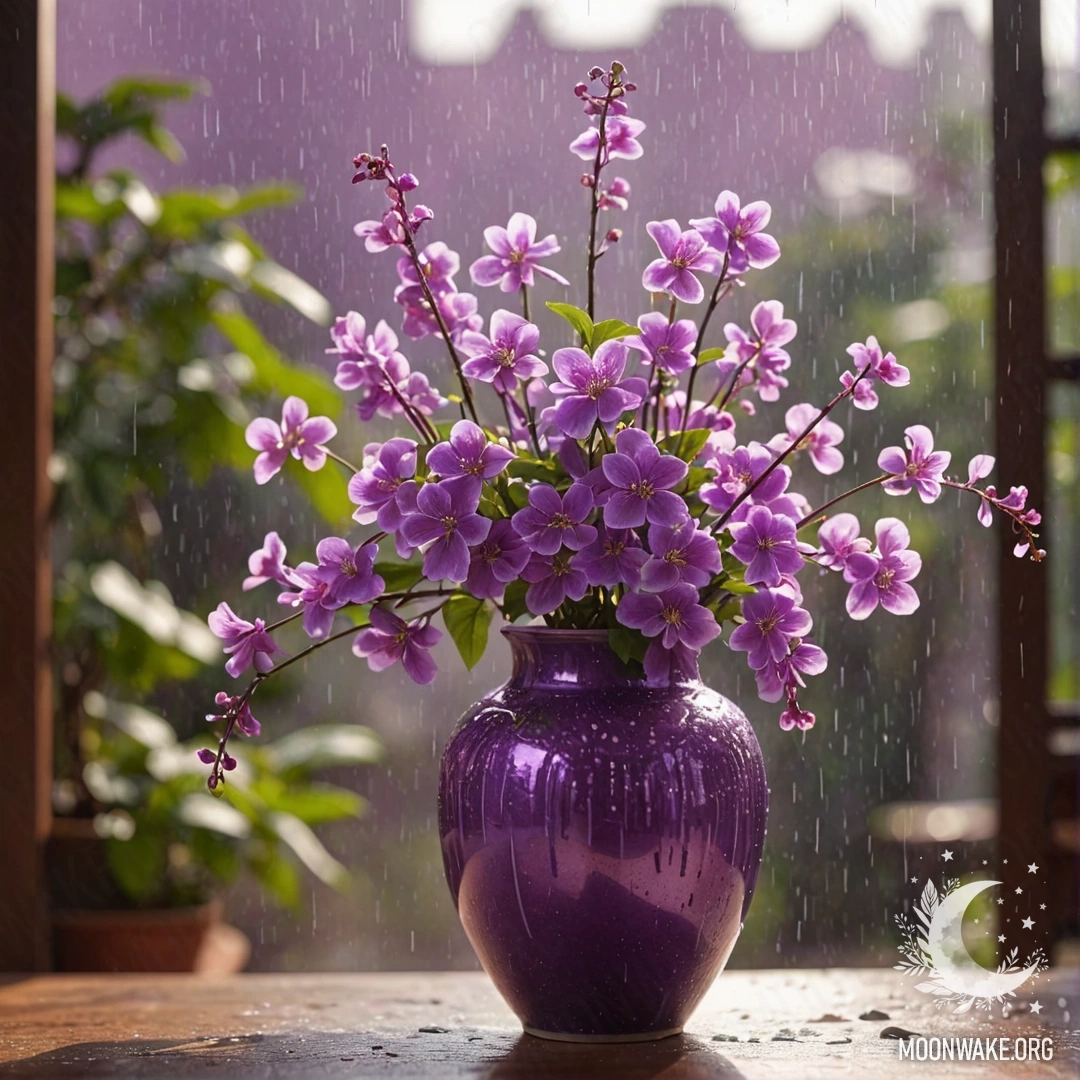 Ваза с розовыми цветами под фиолетовым дождем и солнечными лучами.