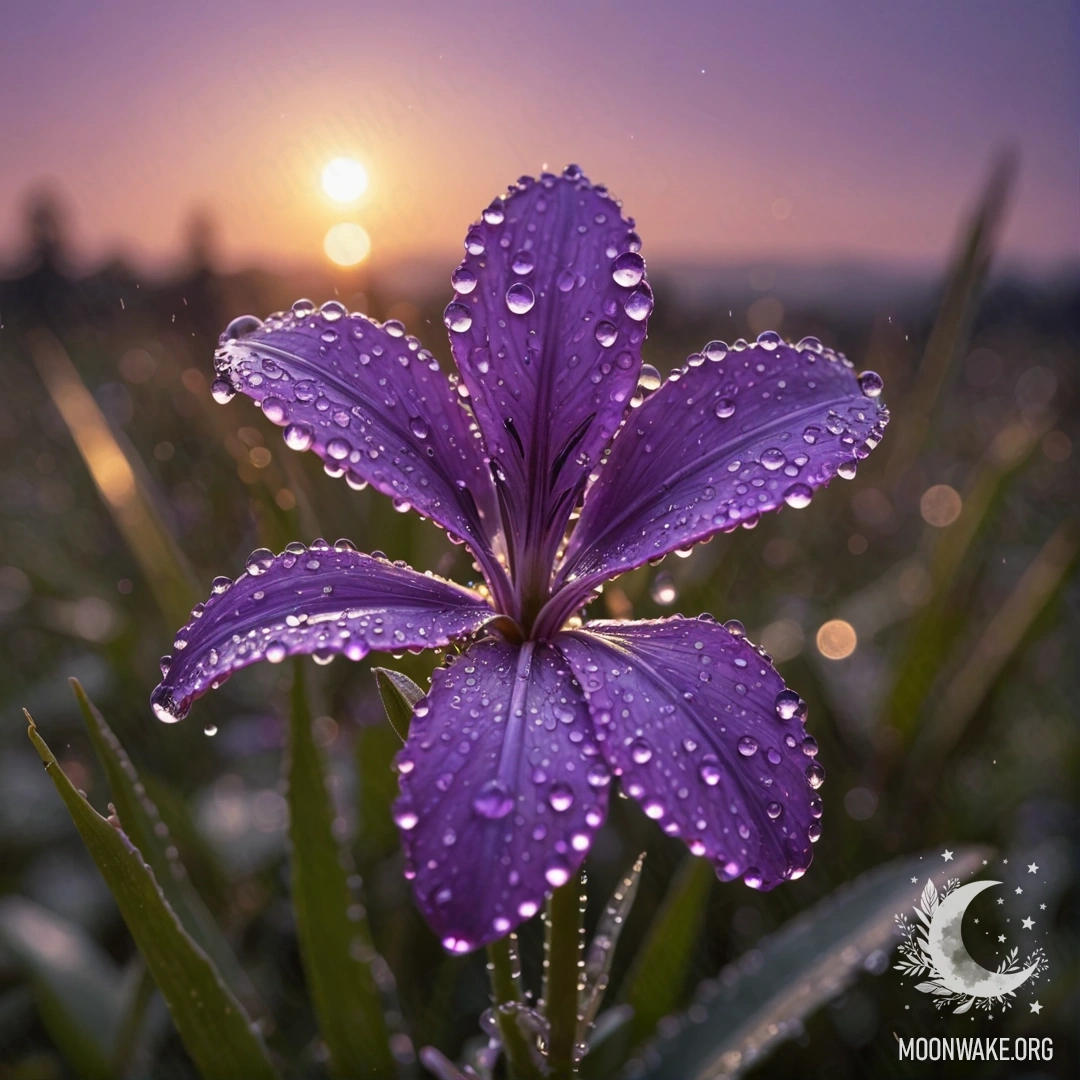 Яркая цифровая картина с романтическим фиолетовым закатом, украшенным каплями росы и оливковыми стразами.