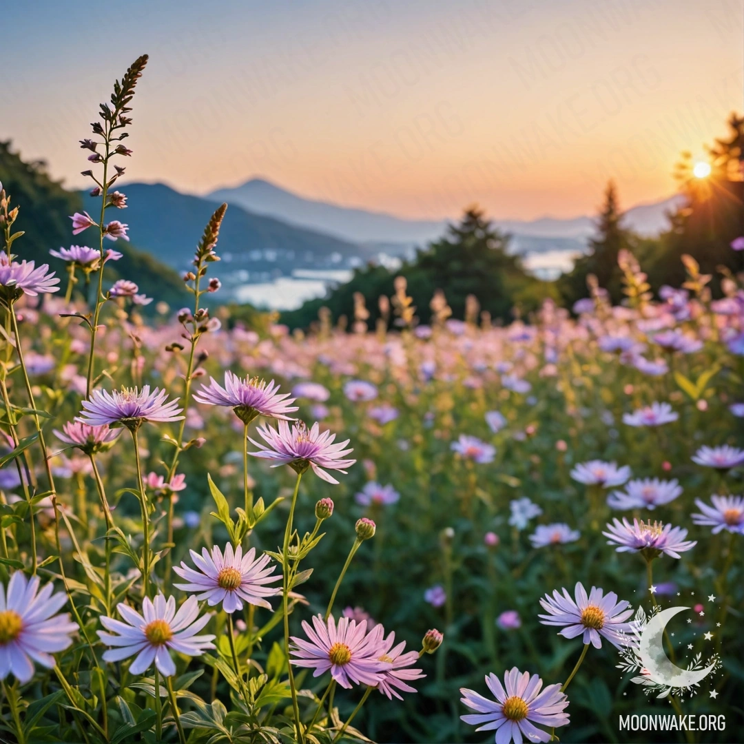 Корзина, наполненная фиолетовыми цветами, на зеленовато-голубом фоне на закате.