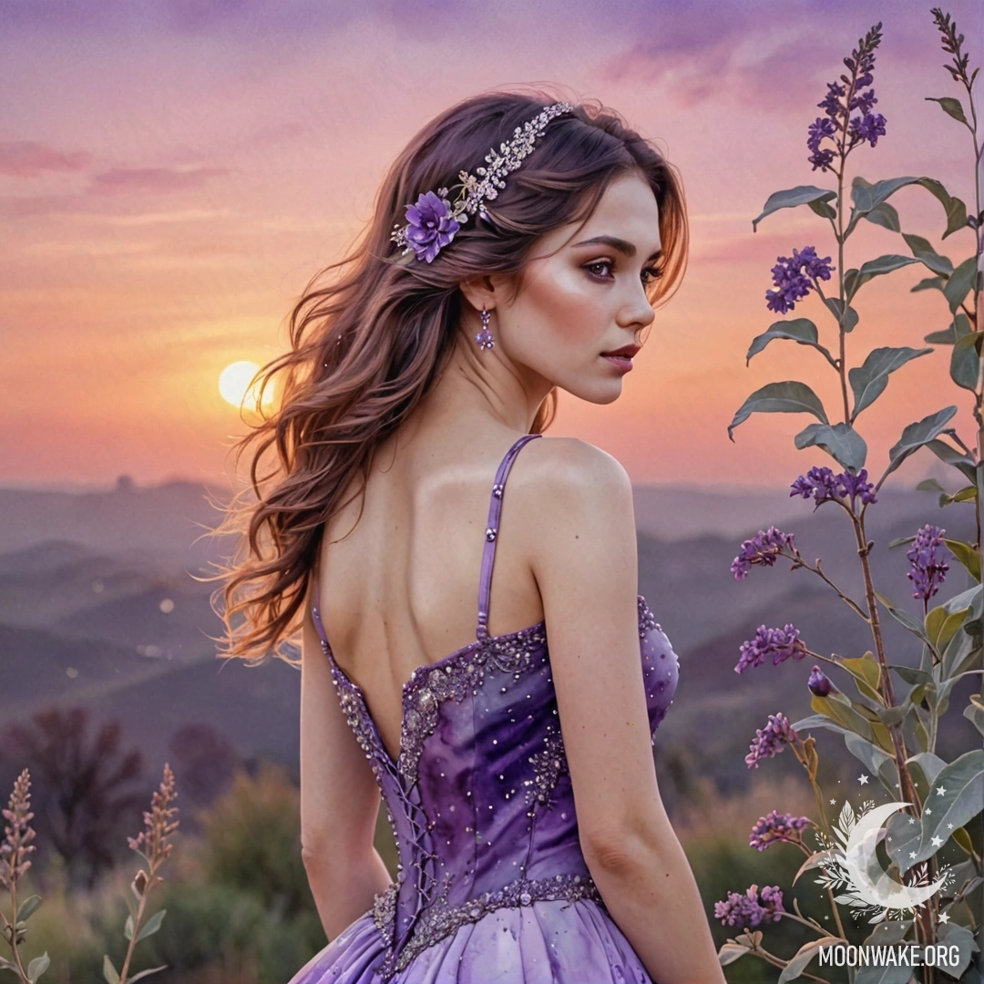 Акварельная картина с фиолетовым закатом и стразами, а также зелеными оттенками шалфея.