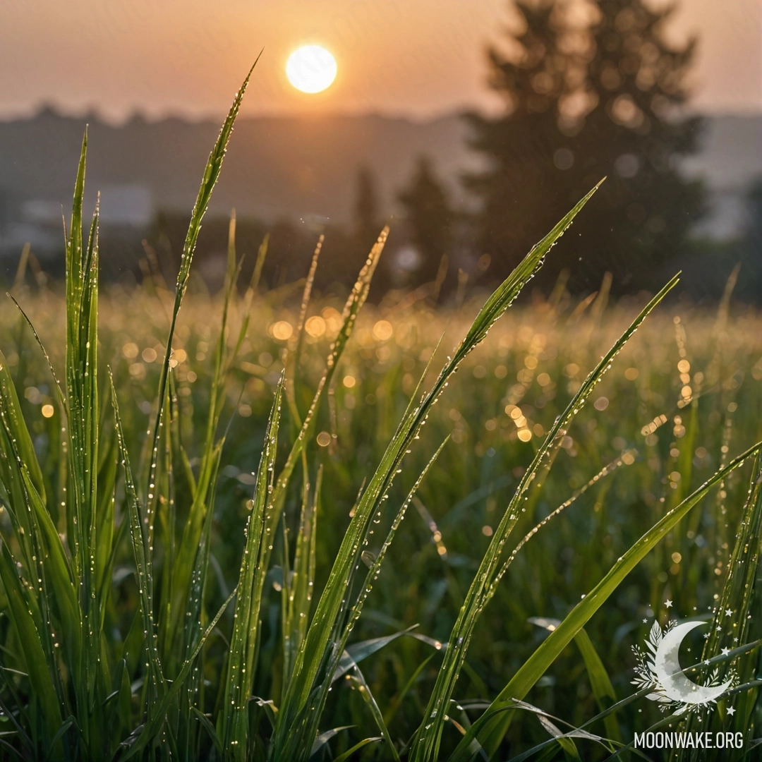 Крупный план травы в романтическом поле на фоне яркого заката с эффектом боке, сверкающей каплями дождя.