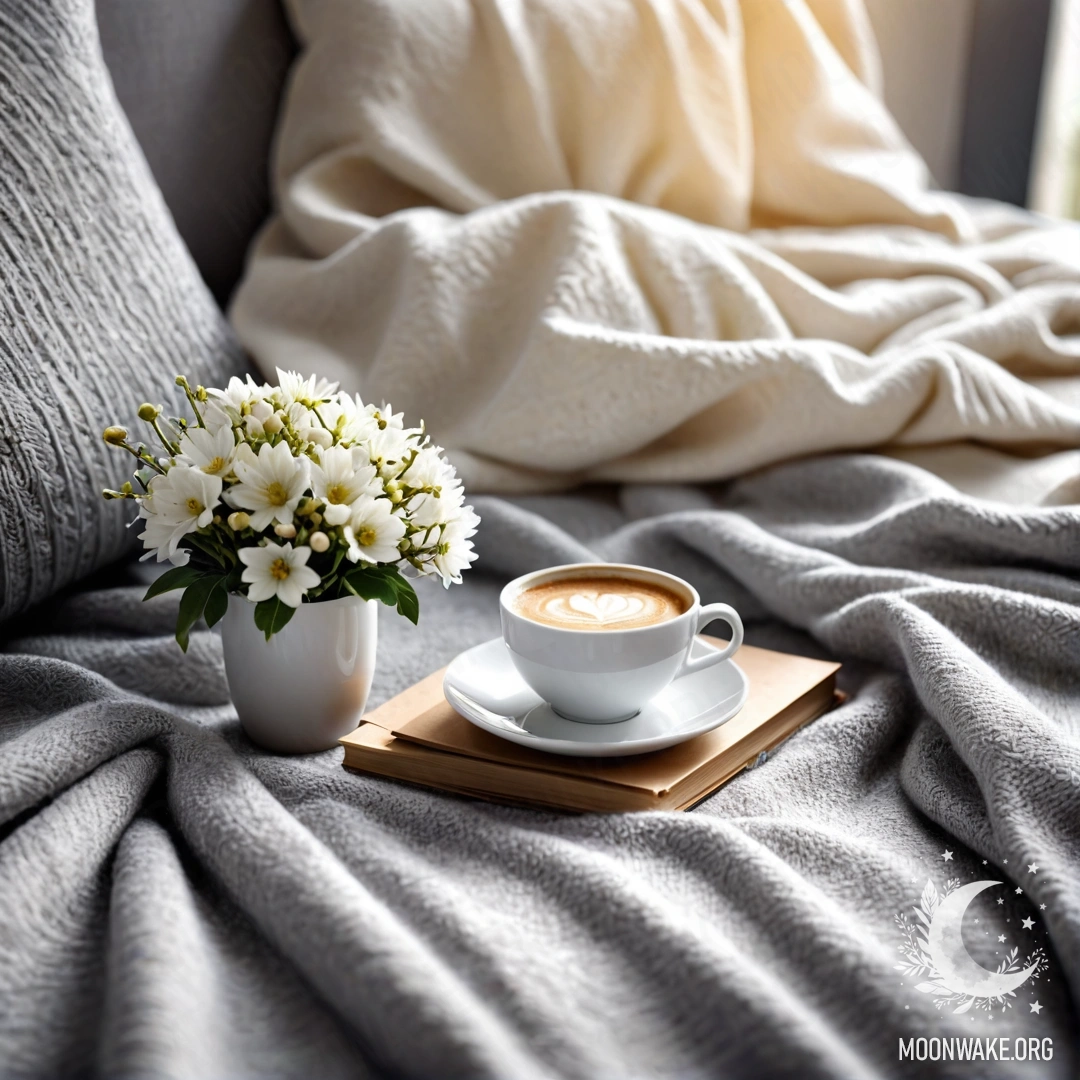 Крупный план романтичного белого стула с серым пледом, книгой, веткой с белыми цветами и белой чашкой кофе, залитой солнечными лучами.