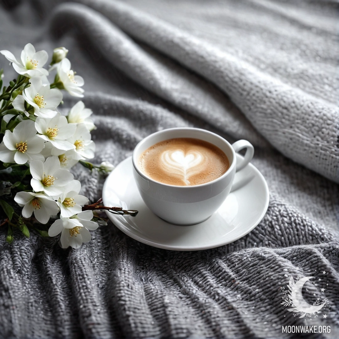 Крупный план белого кресла с серым вязаным пледом, книгой, веткой с белыми цветами и белой чашкой кофе на фоне дождя.