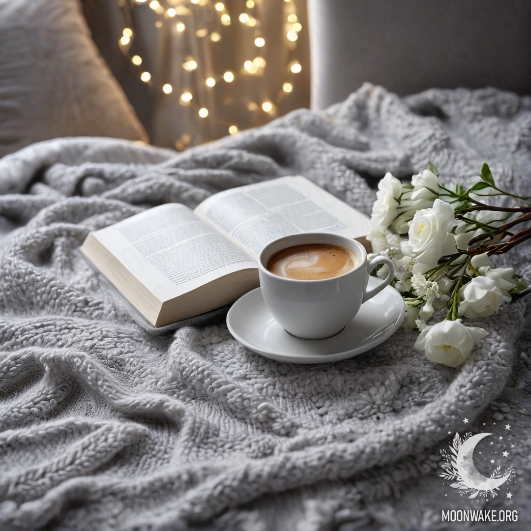 Крупный план белого кресла с серым пледом, книгой, белыми цветами и чашкой кофе, украшенной гирляндами света.