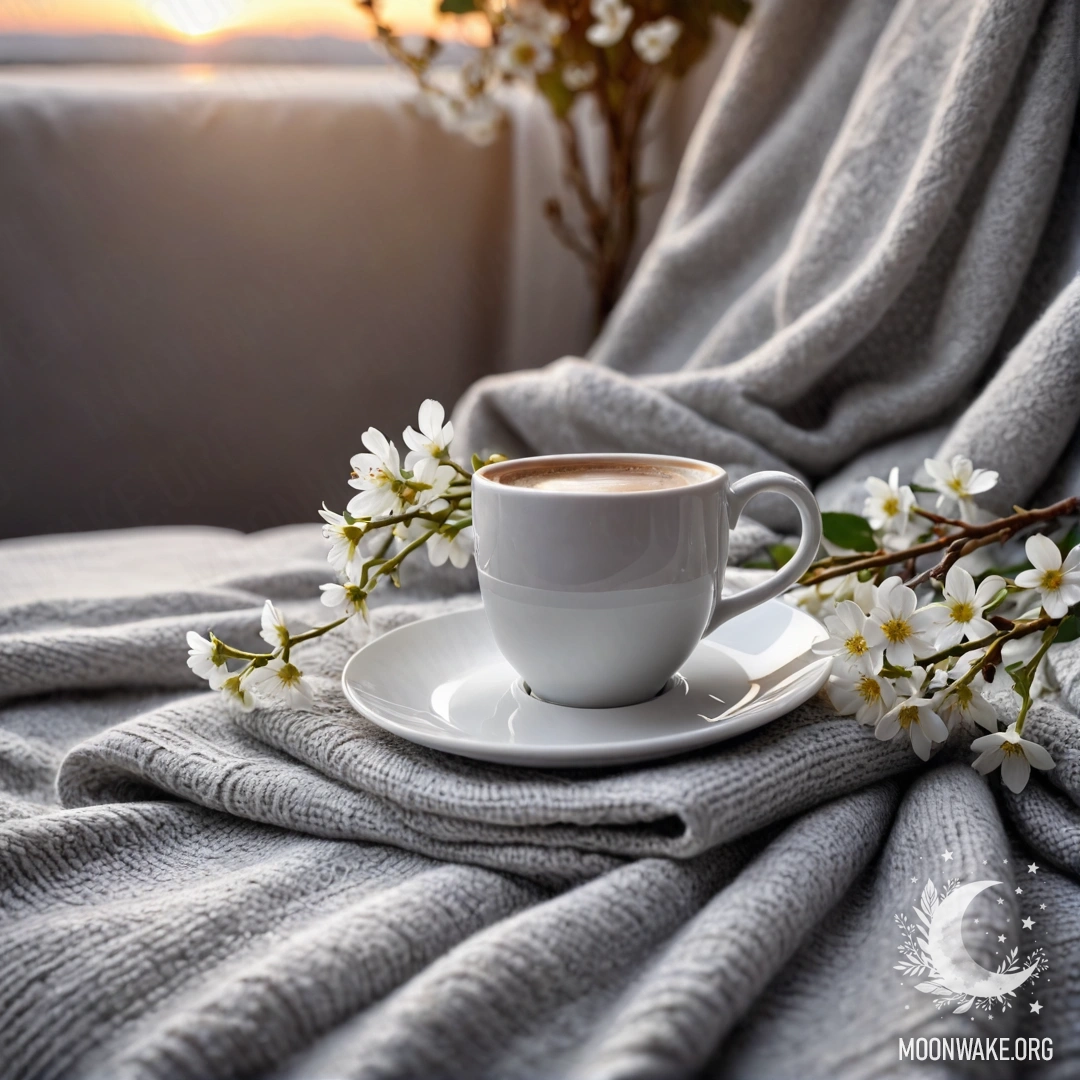 Крупный план белого кресла с серым пледом, книгой, веточкой с белыми цветами и чашкой кофе на закате.