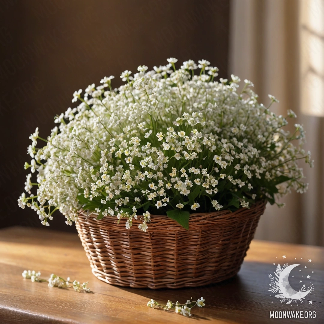 Корзина, наполненная маленькими белыми цветами, мягко светится на солнце.