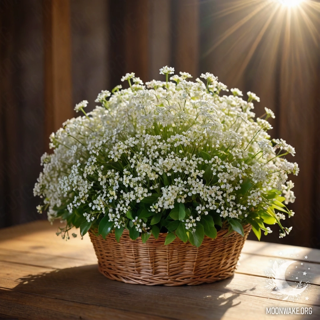 Корзина с маленькими белыми цветами на деревянном столе, освещенная солнцем.