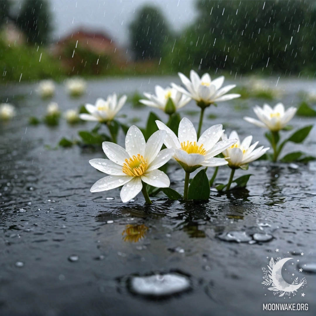 Успокаивающее изображение романтических белых цветов, плавающих на поверхности воды под дождем.