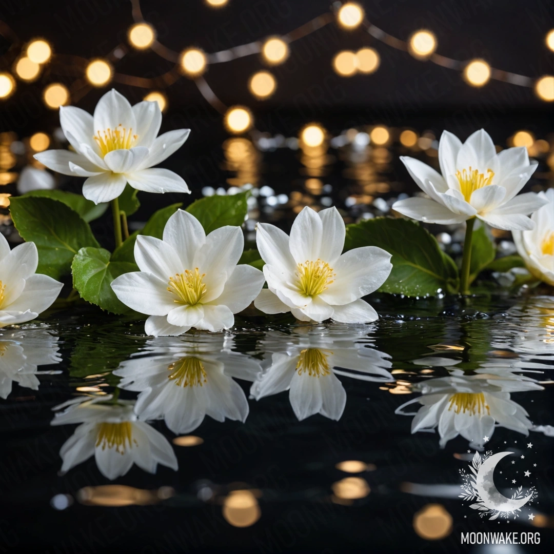 Спокойная поверхность воды, украшенная белыми цветами и мягким светом.