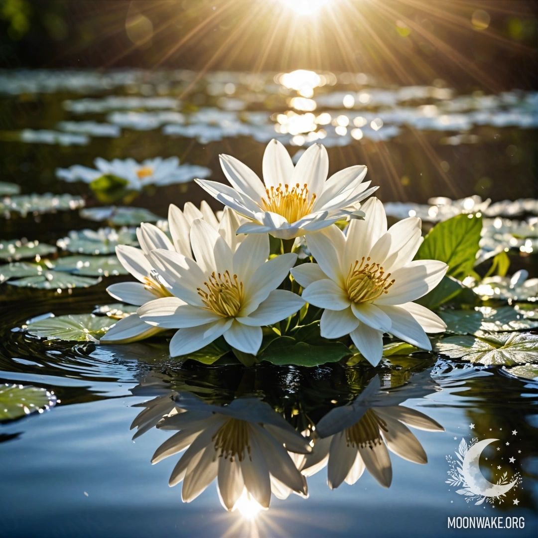 Нежные белые цветы, плавно плавающие на спокойной поверхности воды, освещенной солнечными лучами.