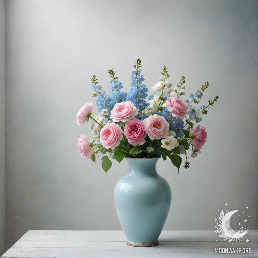 Корзина с мелкими белыми цветами стоит на деревянном столе под дождем, освещенная солнечными лучами.