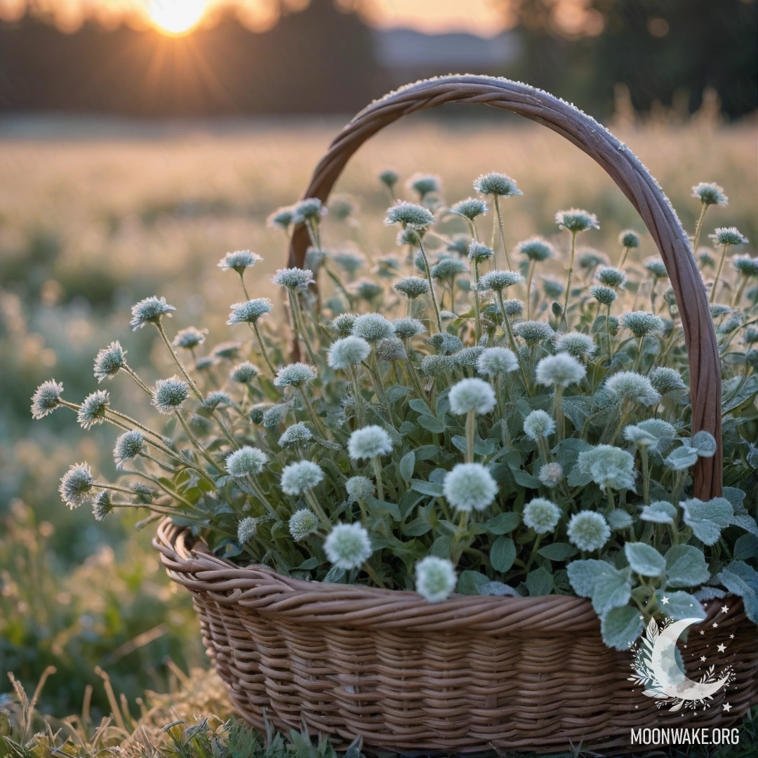 Корзина, наполненная полевыми цветами, покрытыми льдом на фоне заката.