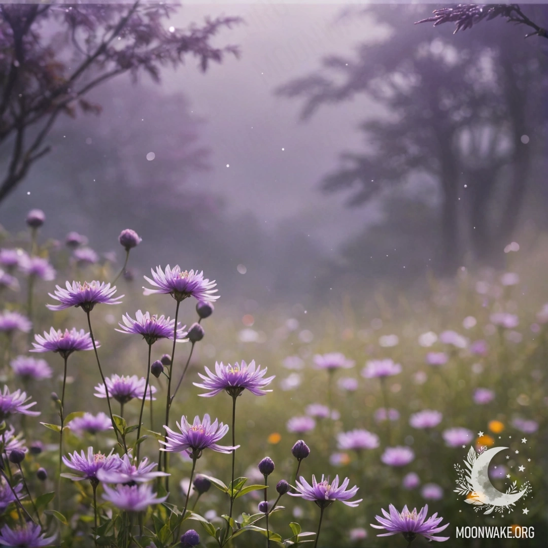 Поле пурпурных полевых цветов, окруженное мягким туманом.