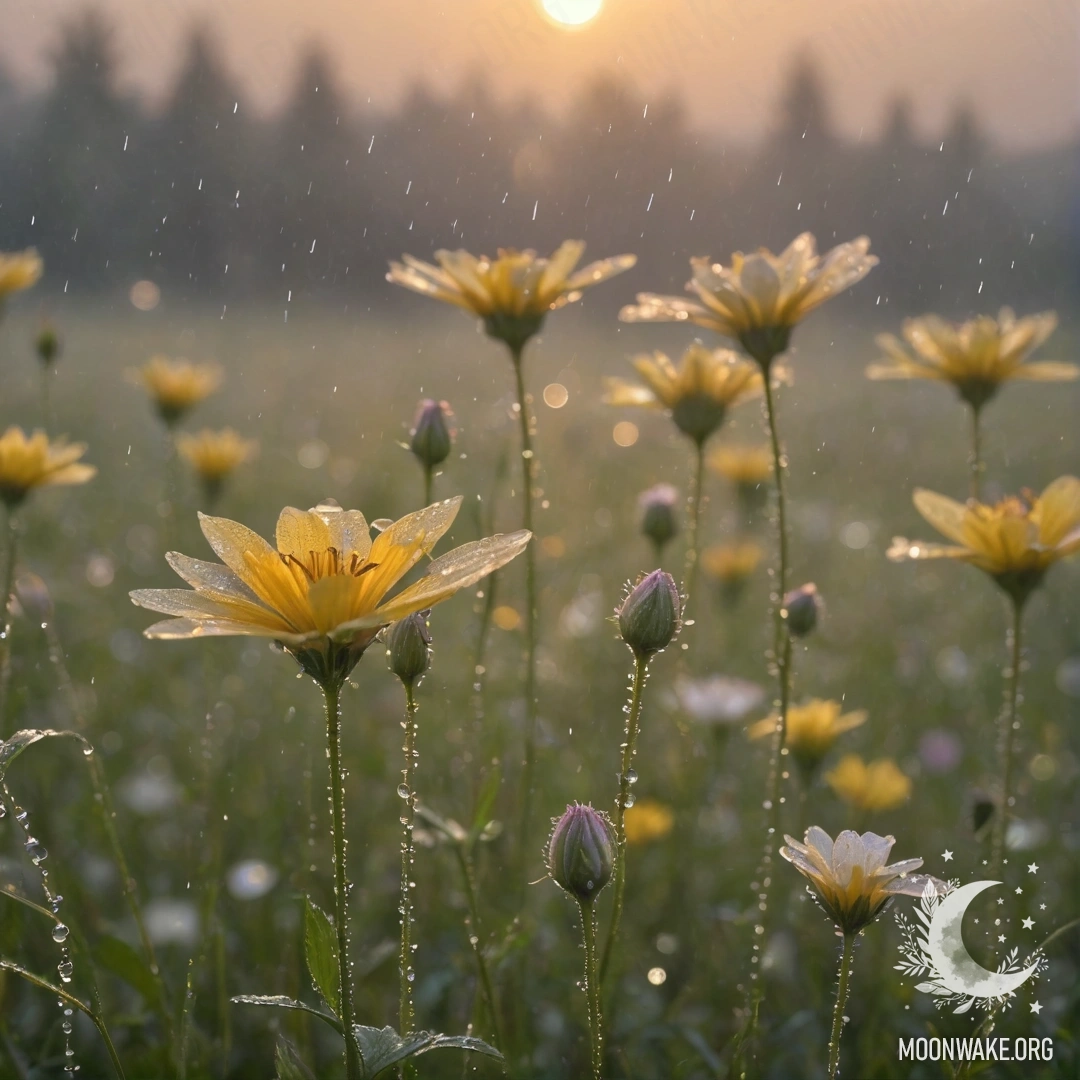 Романтичные полевые цветы в дымке дождя на закате, украшенные стразами.