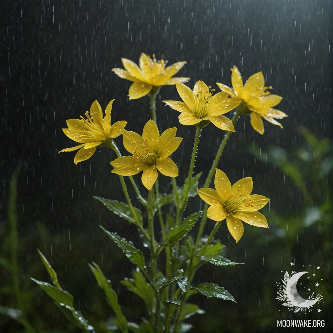 Букет желтых полевых цветов, окутанных дымкой и дождем ночью.