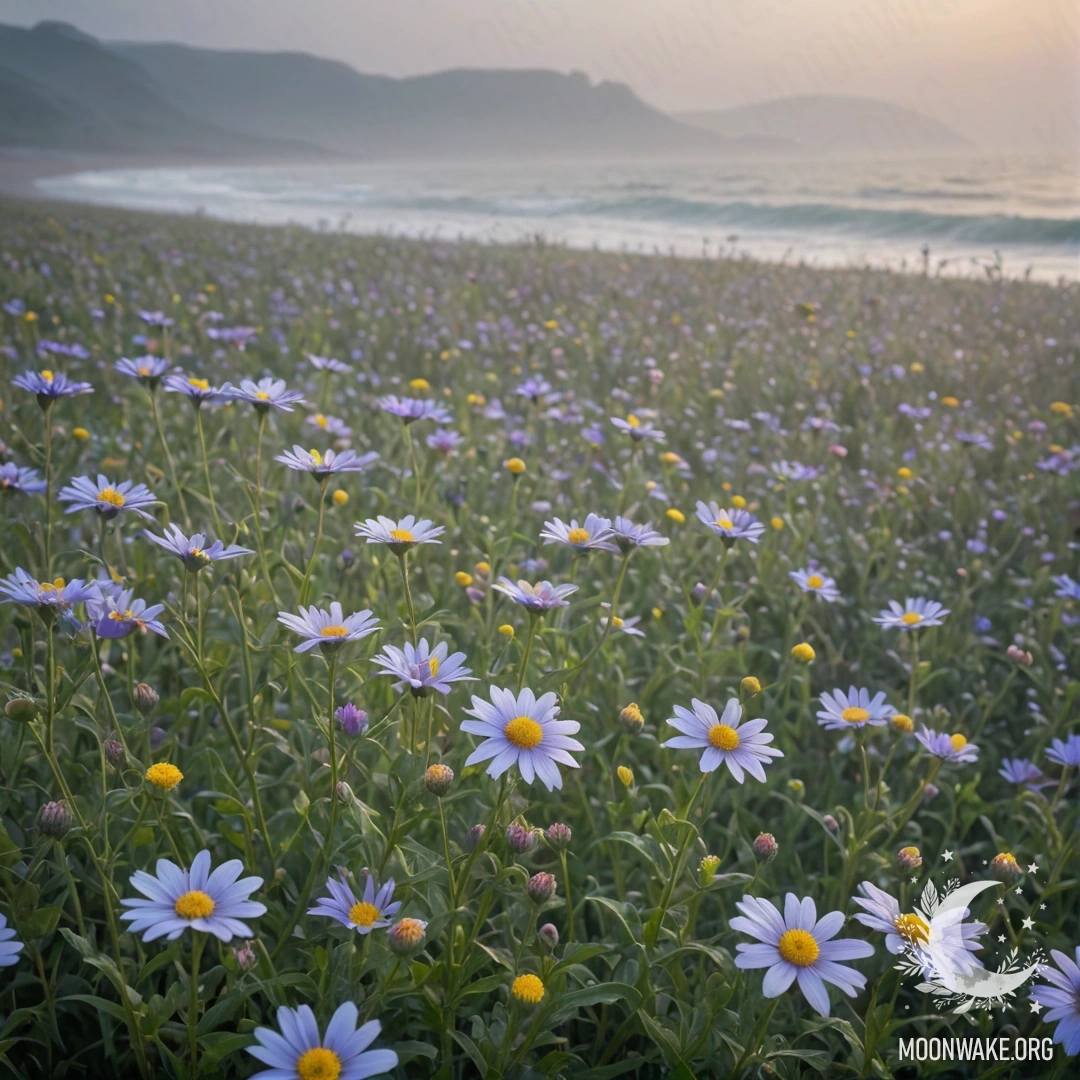 Красивый букет полевых цветов в туманных узорах, напоминающих морские волны.