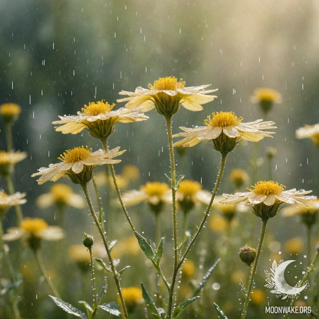 Акварельная картина с романтичными полевыми цветами кремового жёлтого цвета под дождём и солнечными лучами, украшенная пайетками.