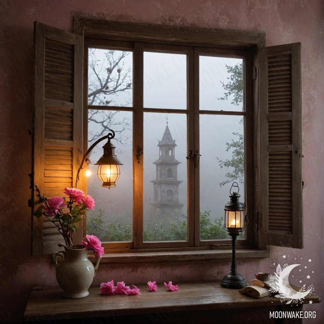 Старое деревянное окно с ставнями, керосиновая лампа сверху и розовые цветы, обвивающиеся вокруг окна в густом тумане.