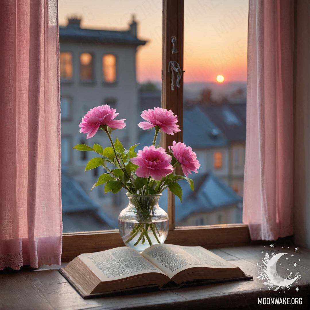 Деревянный подоконник с старой книгой, серой вазой с розовыми цветами и занавеской на закате.