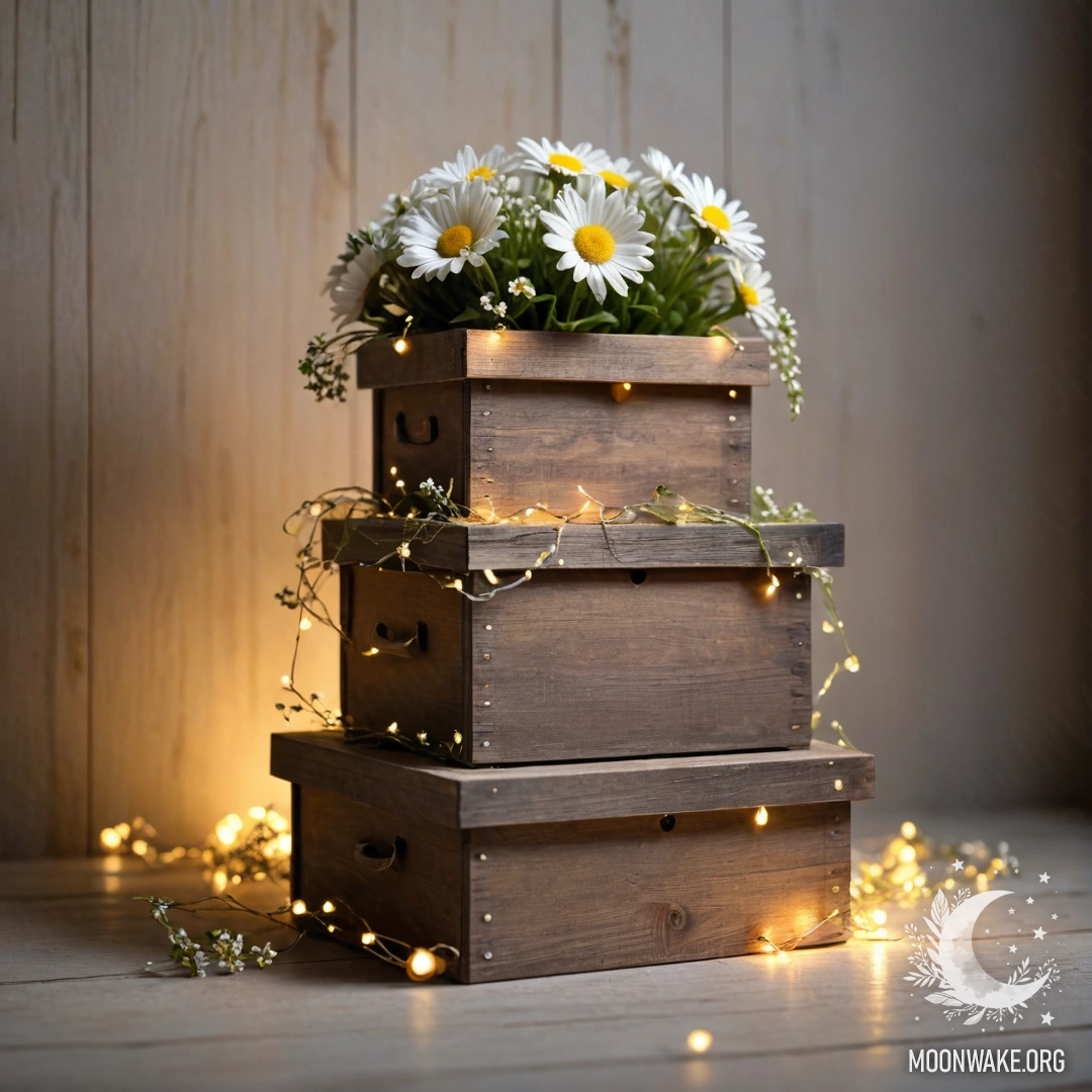 Стопка потрепанных деревянных коробок, украшенных ромашками и гирляндой из огней.