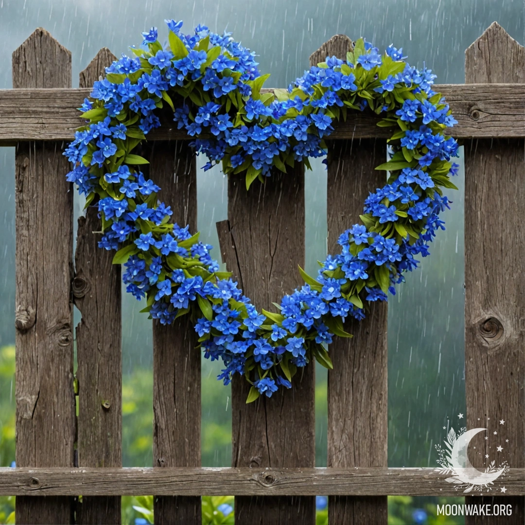 Крупный план старого деревянного забора с венком в форме сердца из синих цветов под дождем.