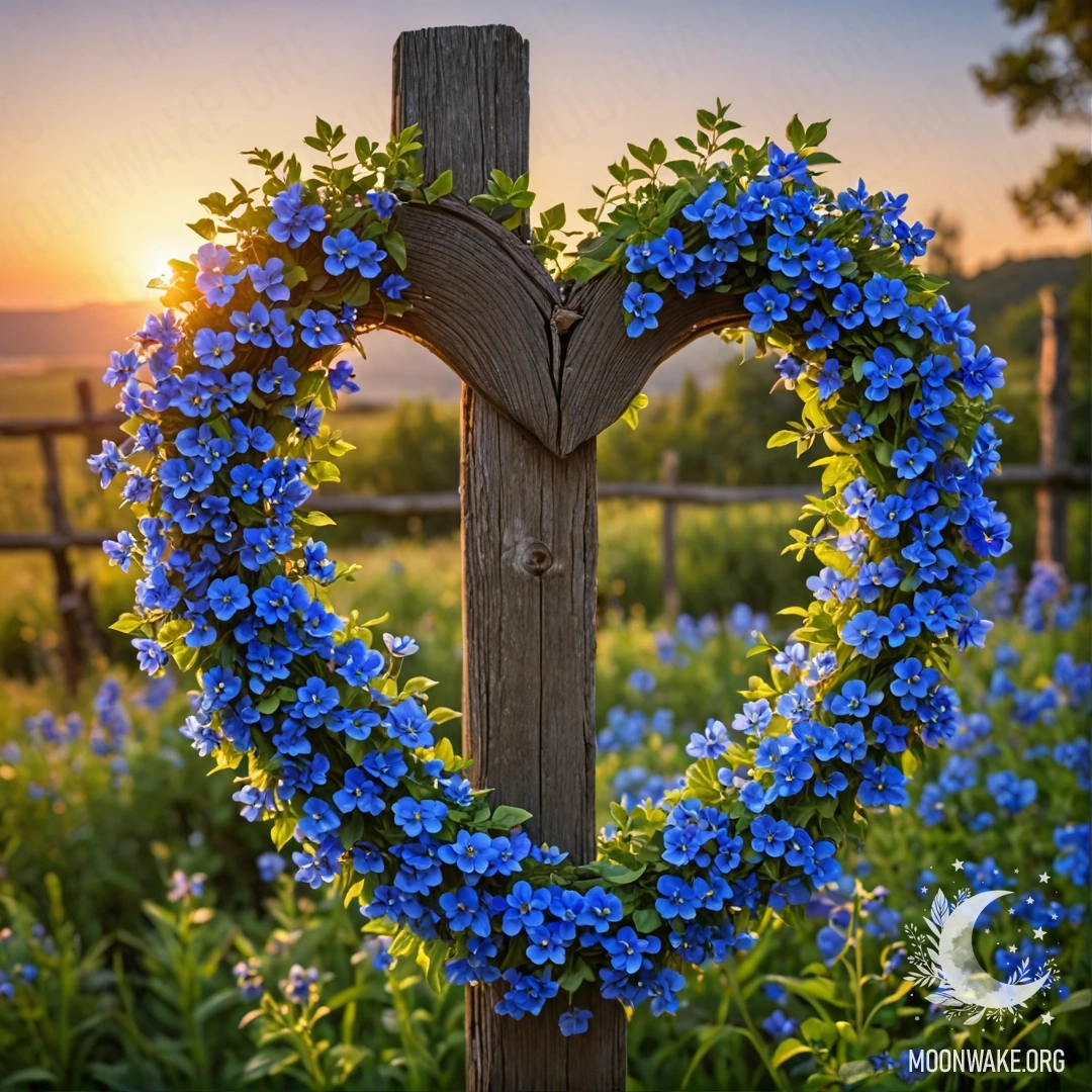 Крупный план старого деревянного забора, украшенного венком в форме сердца из голубых цветов на закате.