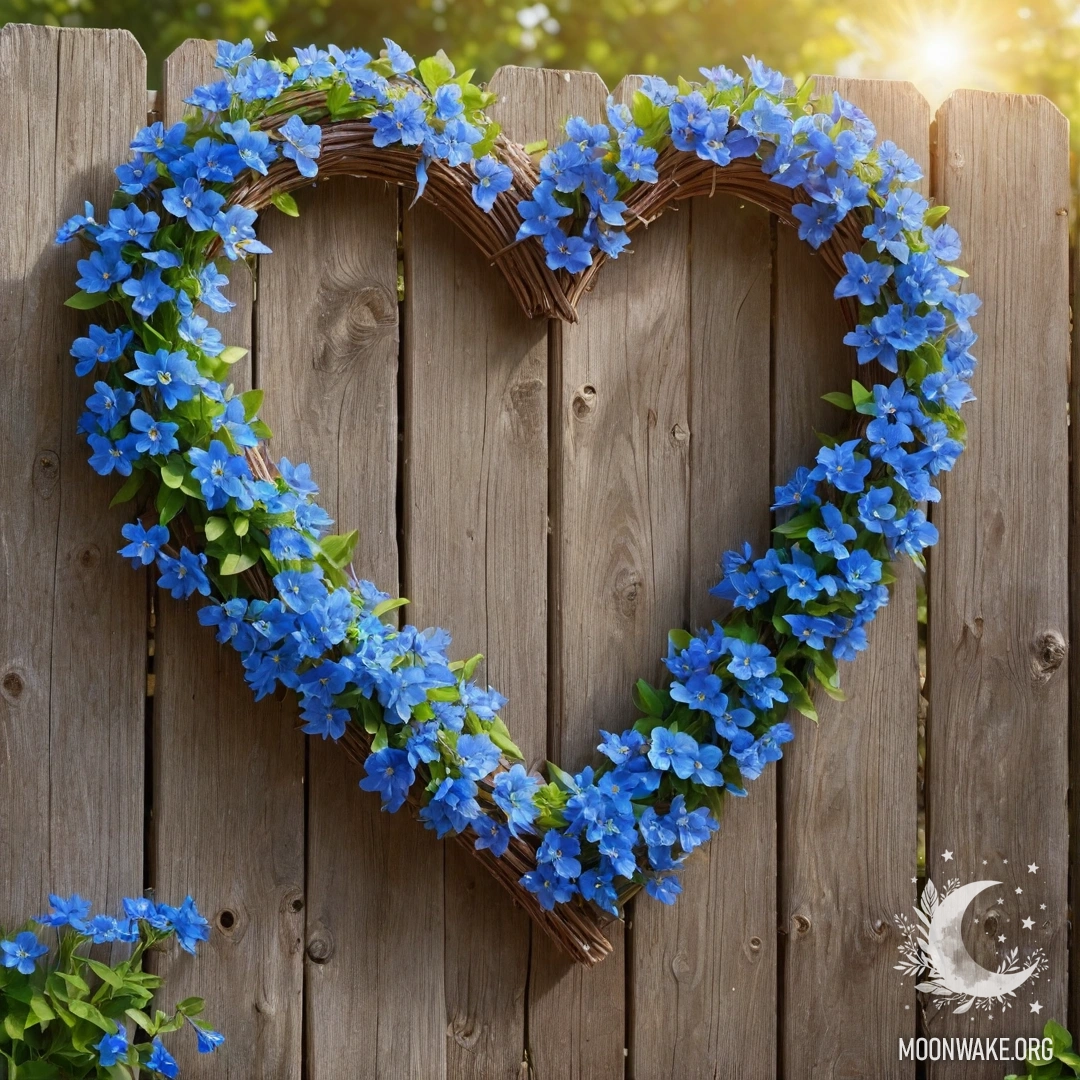 Крупный план старого деревянного забора, украшенного венком из голубых цветов в форме сердца.