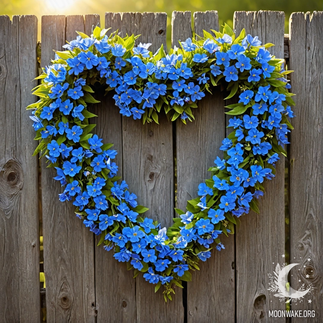 Крупный план старого деревянного забора, украшенного венком в форме сердца из синих цветов.