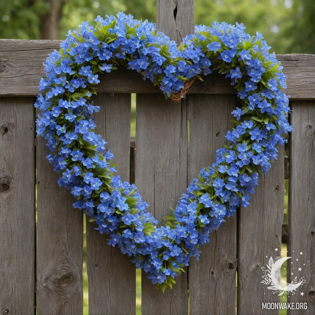 Крупный план старого деревянного забора, украшенного венком в форме сердца из синих цветов.
