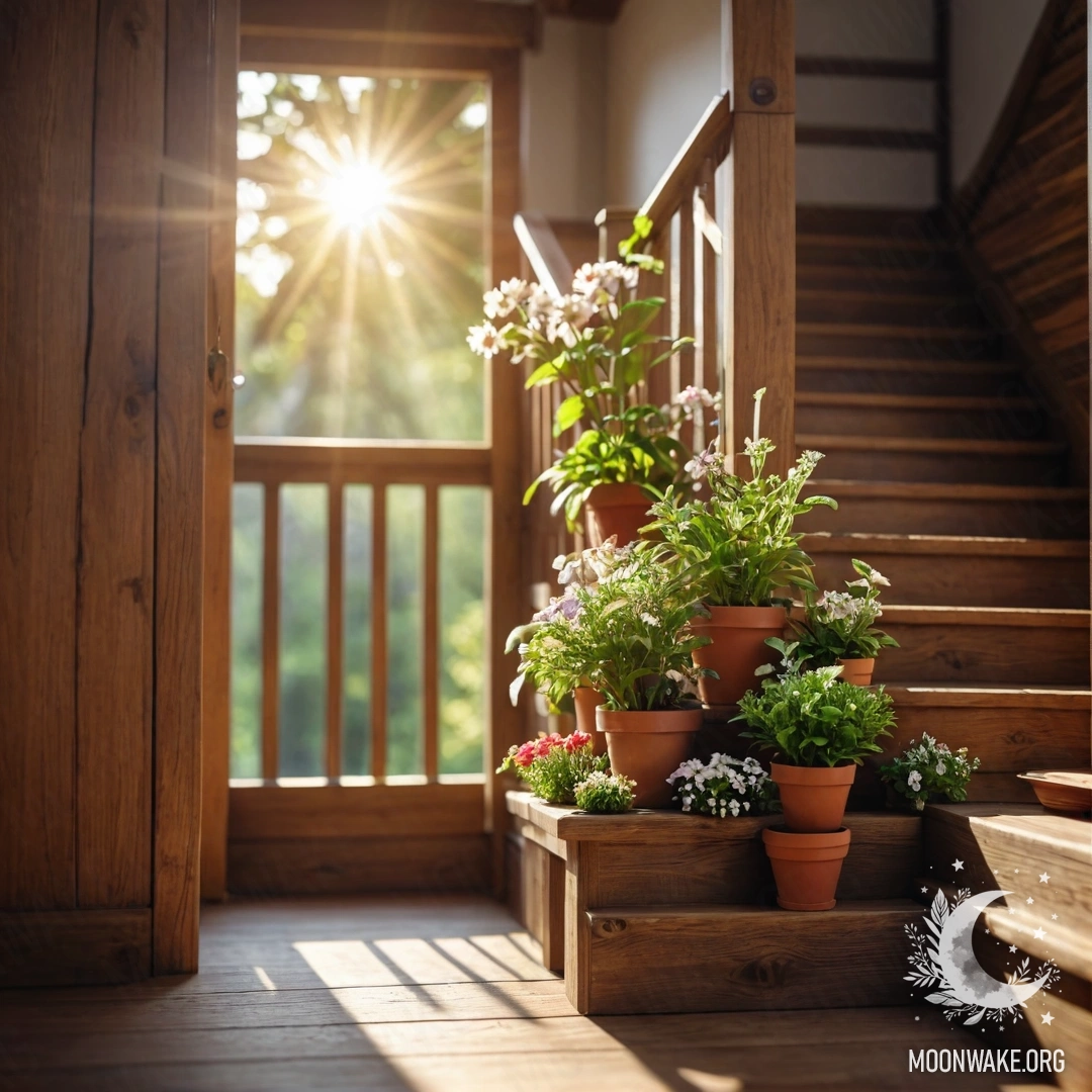 Деревянная лестница, украшенная цветочными горшками, залитыми солнечными лучами.